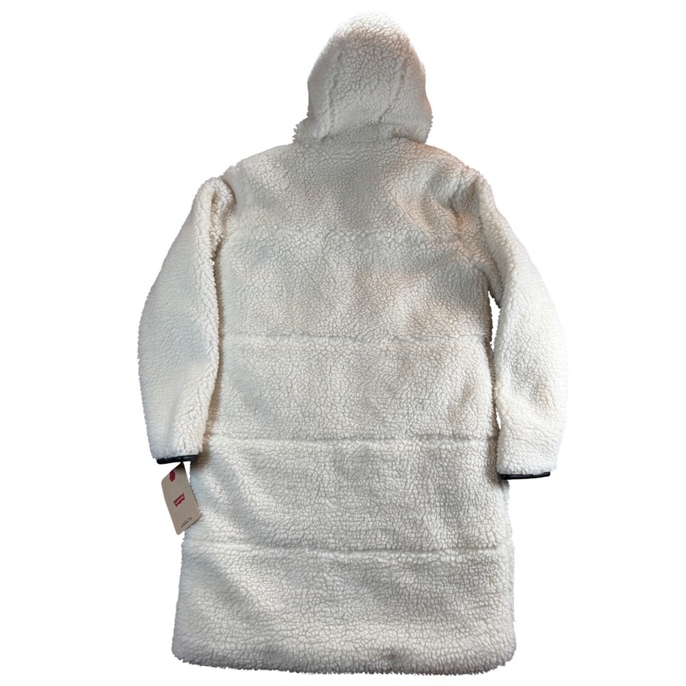 Levi's Sherpa Hooded Long Coat Women XS Cream Faux Leather Trim LW2RS136 - Picture 14 of 14